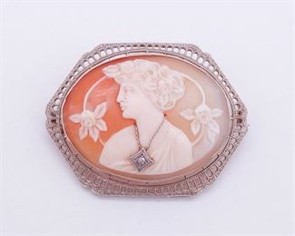 Antique Art Nouveau Unusual Design 14K White Gold Filigree Carved Cameo Diamond Brooch