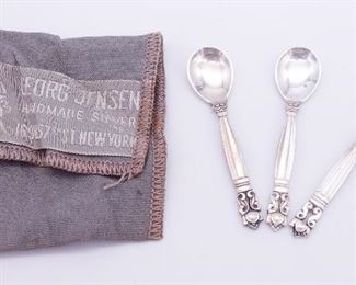 Vintage Group 3 Georg Jensen Denmark Sterling Silver Acorn Salt Spoons w Orig Pouch
