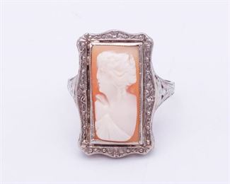 Antique 14K White Gold Filigree Art Deco Cameo Ring Size 7
