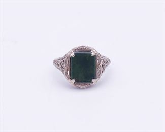 Antique 14K White Gold Filigree Art Deco Bloodstone Ring Size 5.75