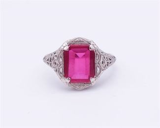 Antique 14K White Gold Filigree Art Deco Ruby Ring Size 6.75
