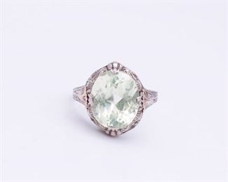 Antique 14K White Gold Filigree Art Deco Mint Green Spinel Ring Size 6.75