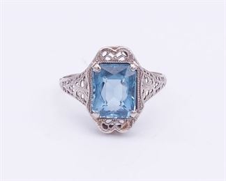 Antique 14K White Gold Filigree Art Deco Blue Spinel Ring Size 8.75