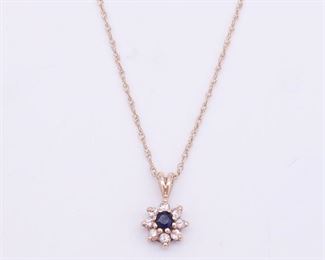 Vintage 14K Gold Natural Blue Sapphire Diamond Pendant Necklace