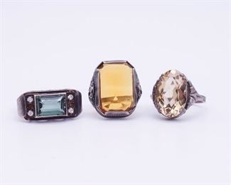 Antique Group of 3 Art Nouveau Art Deco Sterling Silver Citrine Spinel Rings