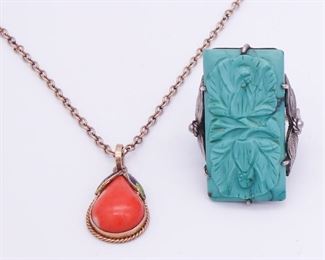 Antique Chinese Silver Gold GW Enamel Coral Pendant and Carved Turquoise Panel Ring