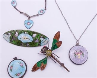 Antique Lot 5 Sterling Silver Enamel Jewelry incl Dragonfly, Lockets, Pin, Bracelet