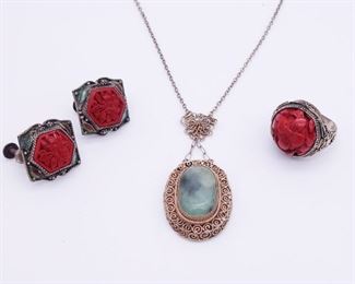 Antique Chinese Enamel Filigree Carved Cinnabar Jade Earrings, Ring, Necklace