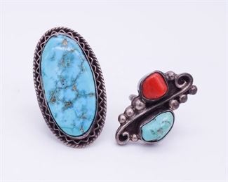 Vintage Native American Pawn Sterling Silver Turquoise Coral Rings