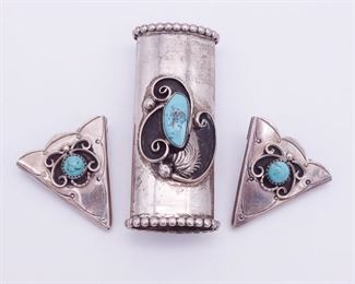 Vintage Native American Navajo Pawn Sterling Silver Turquoise Cigarette Lighter Case and Belt Ends