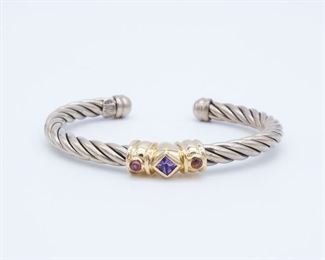 Vintage Italian Sterling Silver 14K Yellow Gold Amethyst Twist Bracelet