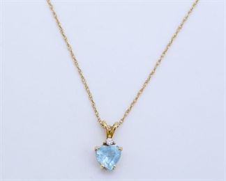 Vintage 14K Gold Blue Topaz Heart Diamond Pendant Necklace