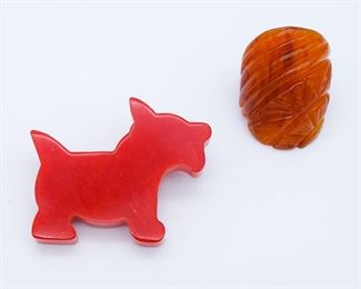 Vintage Mid Century Carved Bakelite Ring and Scotty Dog Brooch Pin