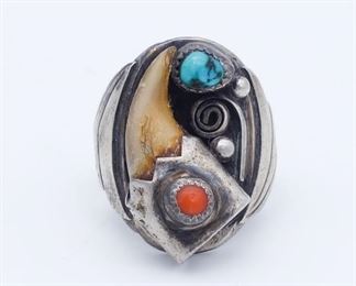 Vintage Native American Pawn Sterling Silver Turquoise Coral Ring Signed JL
