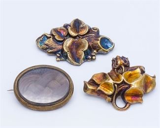Antique Group 3 Victorian Gold GF Brooches incl Woven Hair Mourning Pin