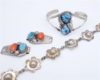 Vintage Lot Native American Pawn Sterling Silver Turquoise Coral Bracelets Watch Band Tips