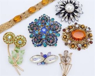 Vintage Group Jeweled Brooches and Bracelet in Flowers, Enamel