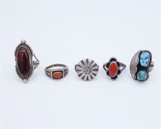 Vintage Group Native American Pawn Sterling Silver Turquoise, Coral, Agate Rings