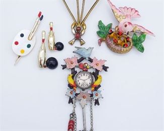 Vintage Group of 6 1940s/50s Whimsical Enamel Brooches incl Mama Bird, Parachute, Cuckoo Clock