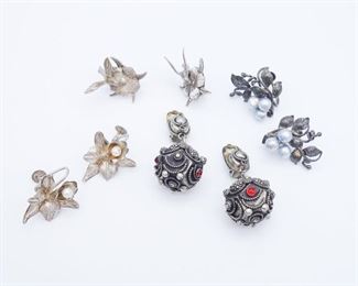 Vintage Lot 4 Pairs Ornate Mid Century Silver Earrings incl Hummingbirds, Baroque Pearls