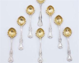 Vintage Set 8 Towle Old Colonial Sterling Silver Parcel Gilt Individual Salt Spoons