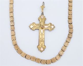 Antique 19c Renaissance Revival Gold GF Ornate Cross Pendant Necklace