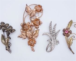Vintage Group of 4 Sterling Silver Ornate Retro Floral Brooch Pins incl Danecraft, Van Dell