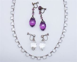 Vintage Group Crystal Drop Earrings and Art Deco French Paste Sterling Silver Necklace