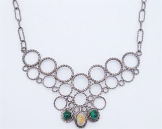 Vintage Mid Century Designer Mexican Sterling Silver Fire Boulder Opal Malachite Necklace