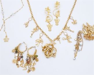 Vintage Lot Ornate Gold Tone Kirks Folly Jewelry incl Necklaces, 2 Pr Earrings, Brooch
