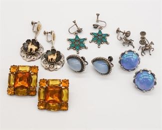 Vintage Lot Sterling Silver Earrings incl 18K Gold Peru, Turquoise, Horses, Rhinestone