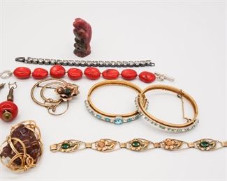 Vintage Mid Century Jewelry Lot incl Coral, Jeweled, Carved Stone Figural Raptor