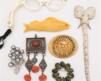 Vintage Jewelry Lot incl Elephant Brooch, Celluloid Fish, HOB, French Eyeglasses