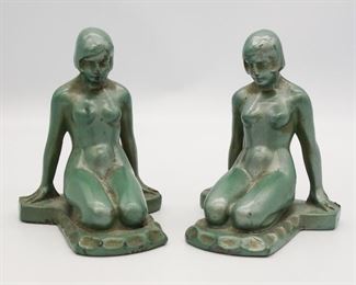 Antique Pair Matte Green Frankart Style Kneeling Nude Bookends