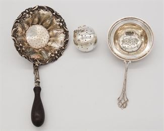 Antique Lot 3 Sterling Silver Tea Accessory Set incl Tea Ball and Strainers, Currier Roby