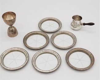 Vintage Sterling Silver Lot 6 Cut Glass Coasters, Sauce Server, English 1924 Jigger