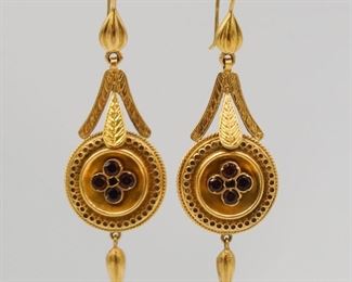 Antique 15K Gold Renaissance Revival Garnet Earrings