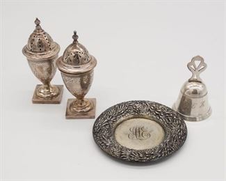 Antique Sterling Silver Lot incl Adams Style Salt Pepper Shakers, Tray, Servants Bell