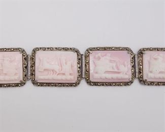 Antique 800 Silver Marcasite Carved Coral Cameo Classical Scene Panel Bracelet