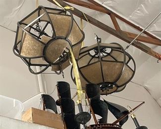 Solana Beach Pair of Mica hanging chandeliers - (one piece of mica is damaged) 