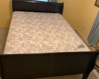 Queen Sleigh Bed suite: bed 62.5”w 87”L 44” t headboard, dresser w mirror 66”w 19” d 75.5” t, chest of Drawers 38” w 19.5” d 47.5”t (1) nite stand 26.5”w 16” d 24.5” t.     Whole set $350.00