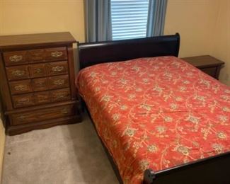 Queen Sleigh Bed suite: bed 62.5”w 87”L 44” t headboard, dresser w mirror 66”w 19” d 75.5” t, chest of Drawers 38” w 19.5” d 47.5”t (1) nite stand 26.5”w 16” d 24.5” t.     Whole set $350.00