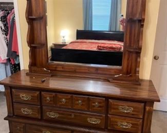 Queen Sleigh Bed suite: bed 62.5”w 87”L 44” t headboard, dresser w mirror 66”w 19” d 75.5” t, chest of Drawers 38” w 19.5” d 47.5”t (1) nite stand 26.5”w 16” d 24.5” t.     Whole set $350.00