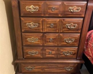 Queen Sleigh Bed suite: bed 62.5”w 87”L 44” t headboard, dresser w mirror 66”w 19” d 75.5” t, chest of Drawers 38” w 19.5” d 47.5”t (1) nite stand 26.5”w 16” d 24.5” t.     Whole set $350.00