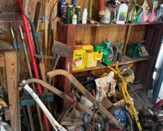 Gardening tools, chemicals, seeder, plow w accessories 