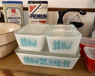 Pyrex "Amish Butterprint" fridge jar set, cracker tins, primary red Pyrex small fridge jars