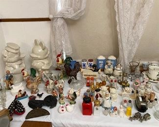 Walt Disney turnabout cookie jars, salt/pepper sets, roosters and hens
