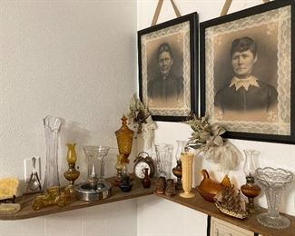 antique portraits, small oil lamps, oil derrick ash tray, amber nesting hen, etc 