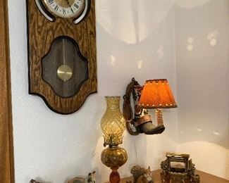 pendulum clock, oil lamp, McCoy planter, quail caches, etc.