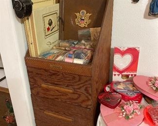 small cabinet, sewing, scrap albums, Madame Alexander dolls, Valentine's boxes